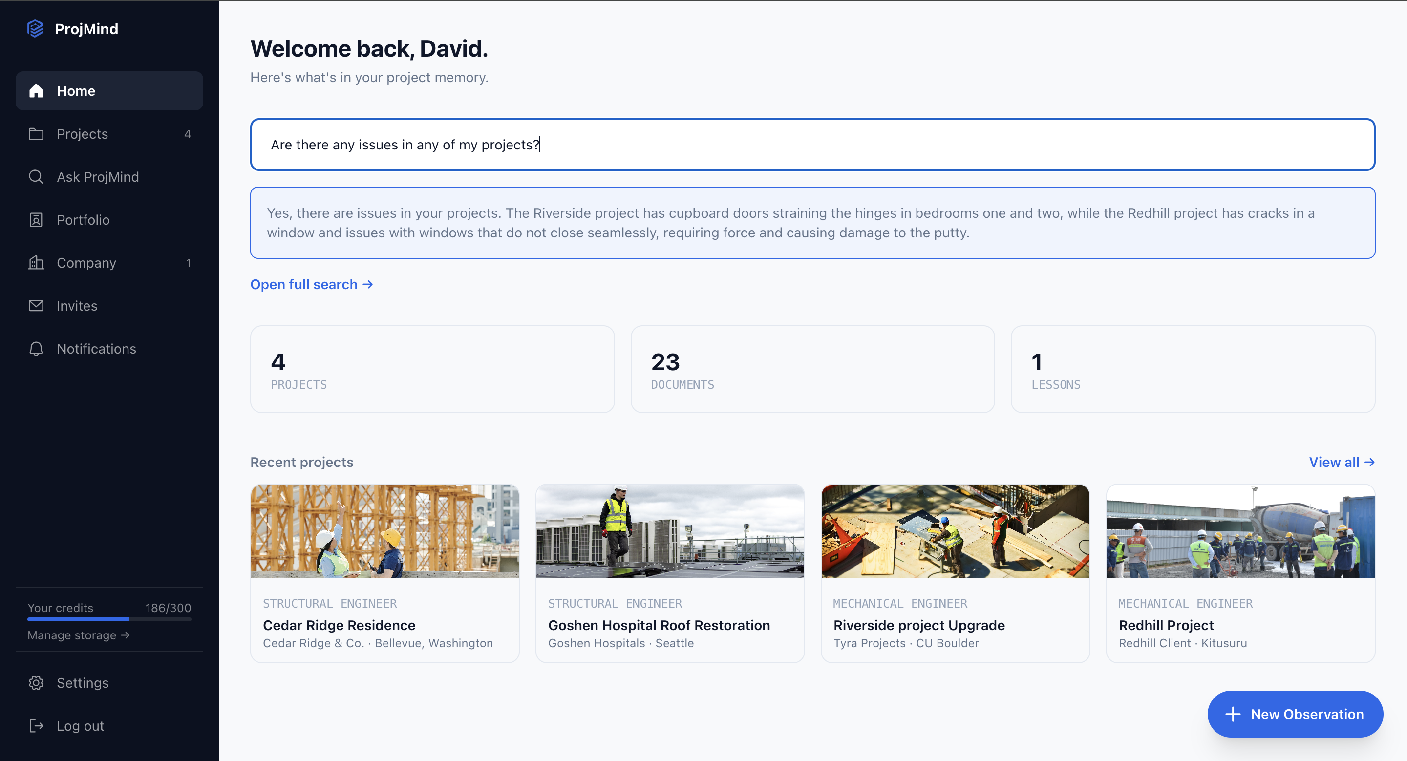 ProjMind dashboard answering a cross-project question, grounded in real project records